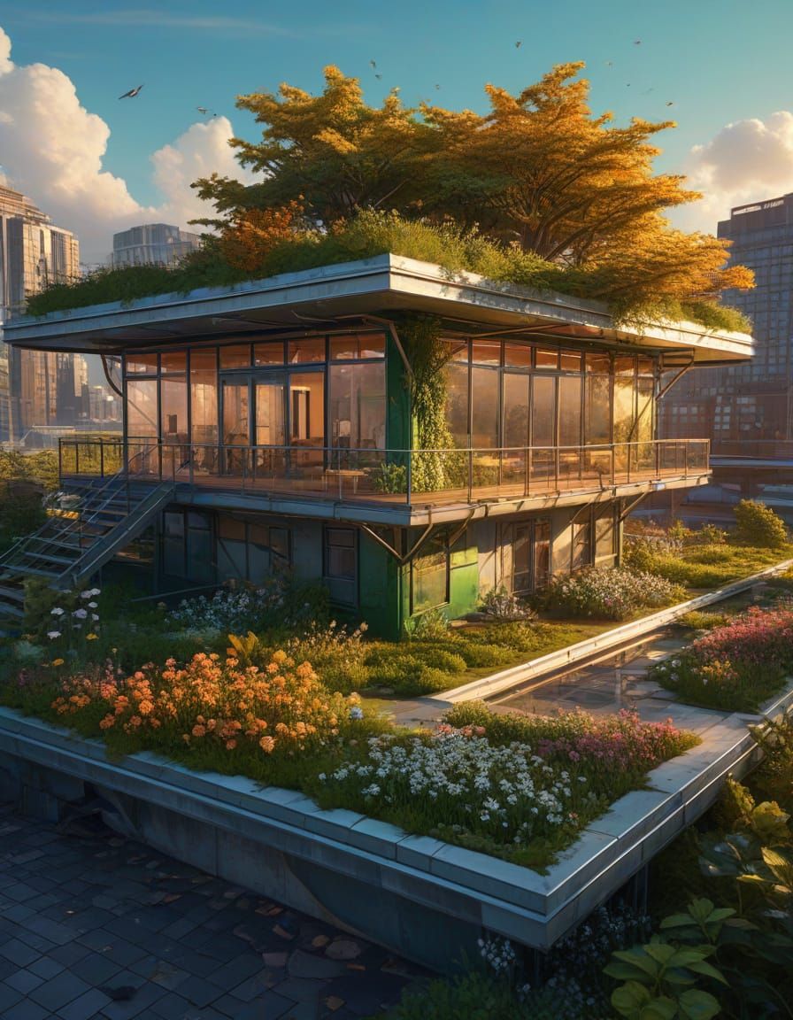 Lush Green Roof in Oil Painting Style