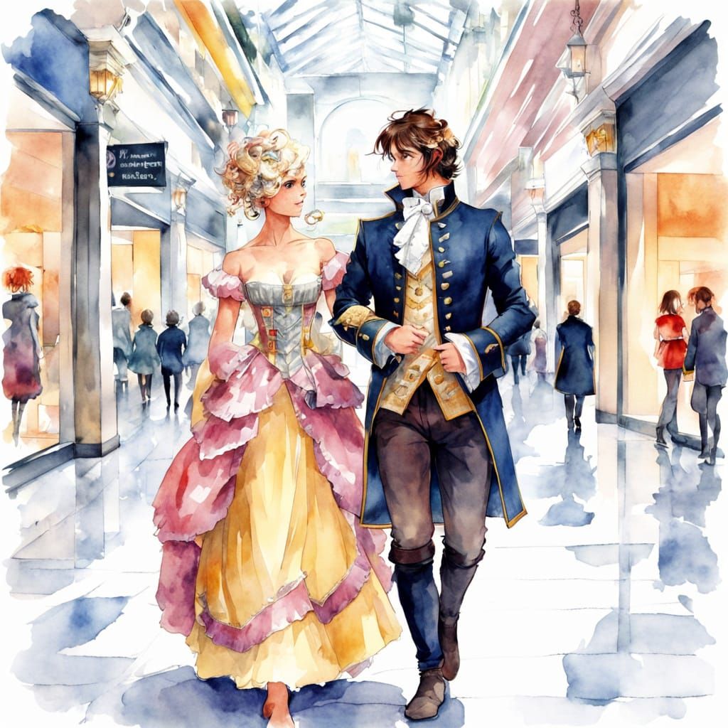 Baroque Cosplayers in Shopping Mall, Watercolour Style