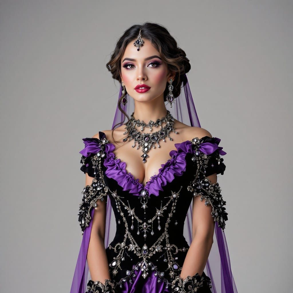 Elegant Bride in Black and Purple Regalia