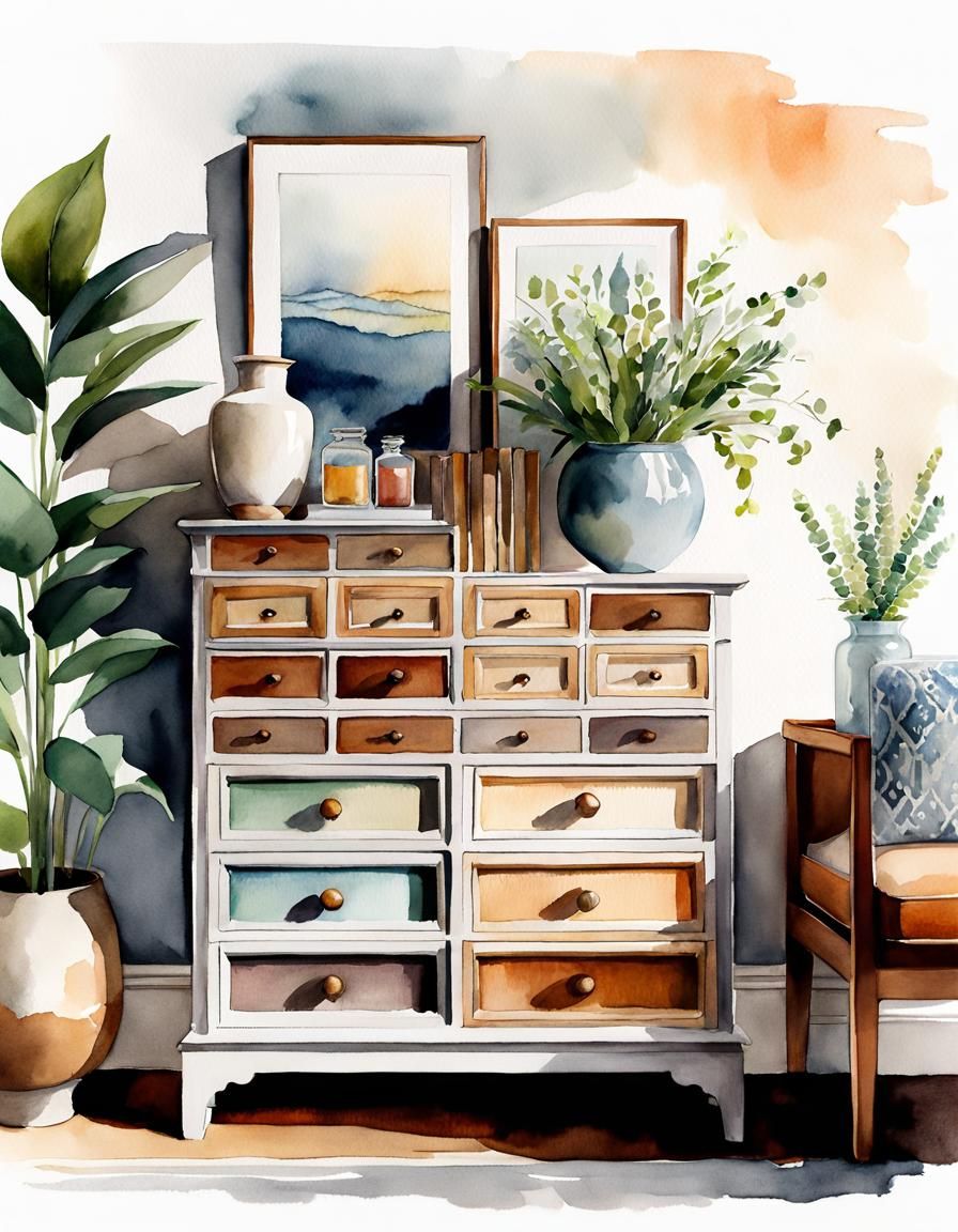 Boho Apothecary Cabinet in Watercolor Style
