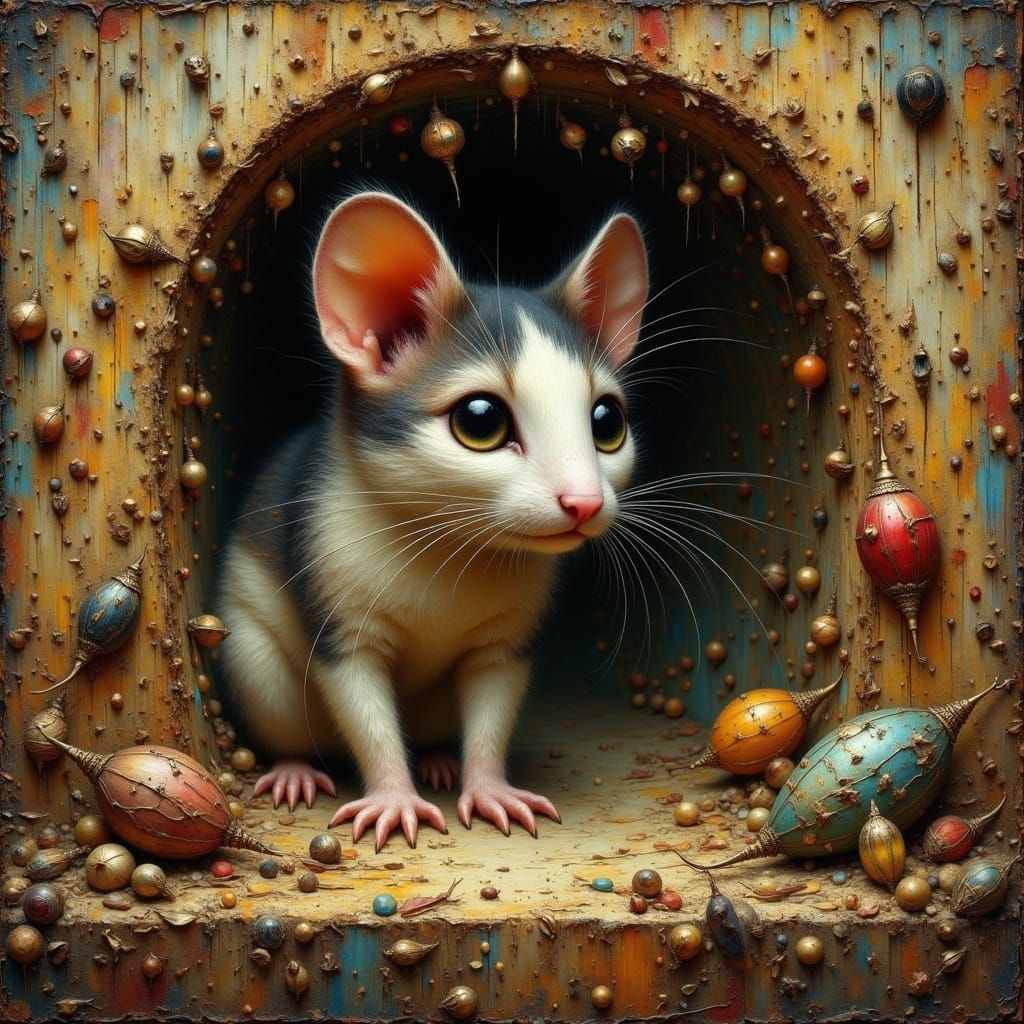 Mouse Hides in Warm Grain Shed Ambiance, Soft Focus