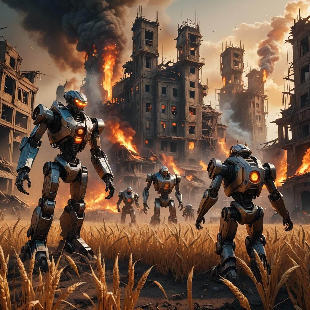Robots in Burning Landscape: Sci-Fi Concept Art