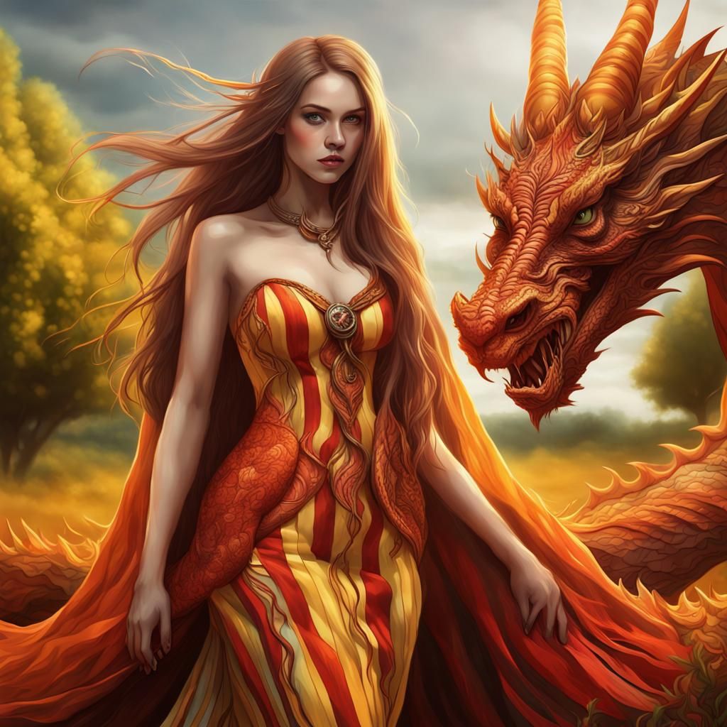 Girl with Dragon in a Fantasy Landscape