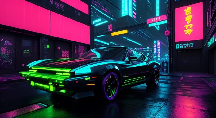 Neon Cityscape with Futuristic Electric Car