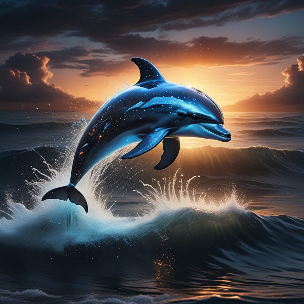 Surreal Dusk Ocean Scene with Glowing Neuron Dolphin
