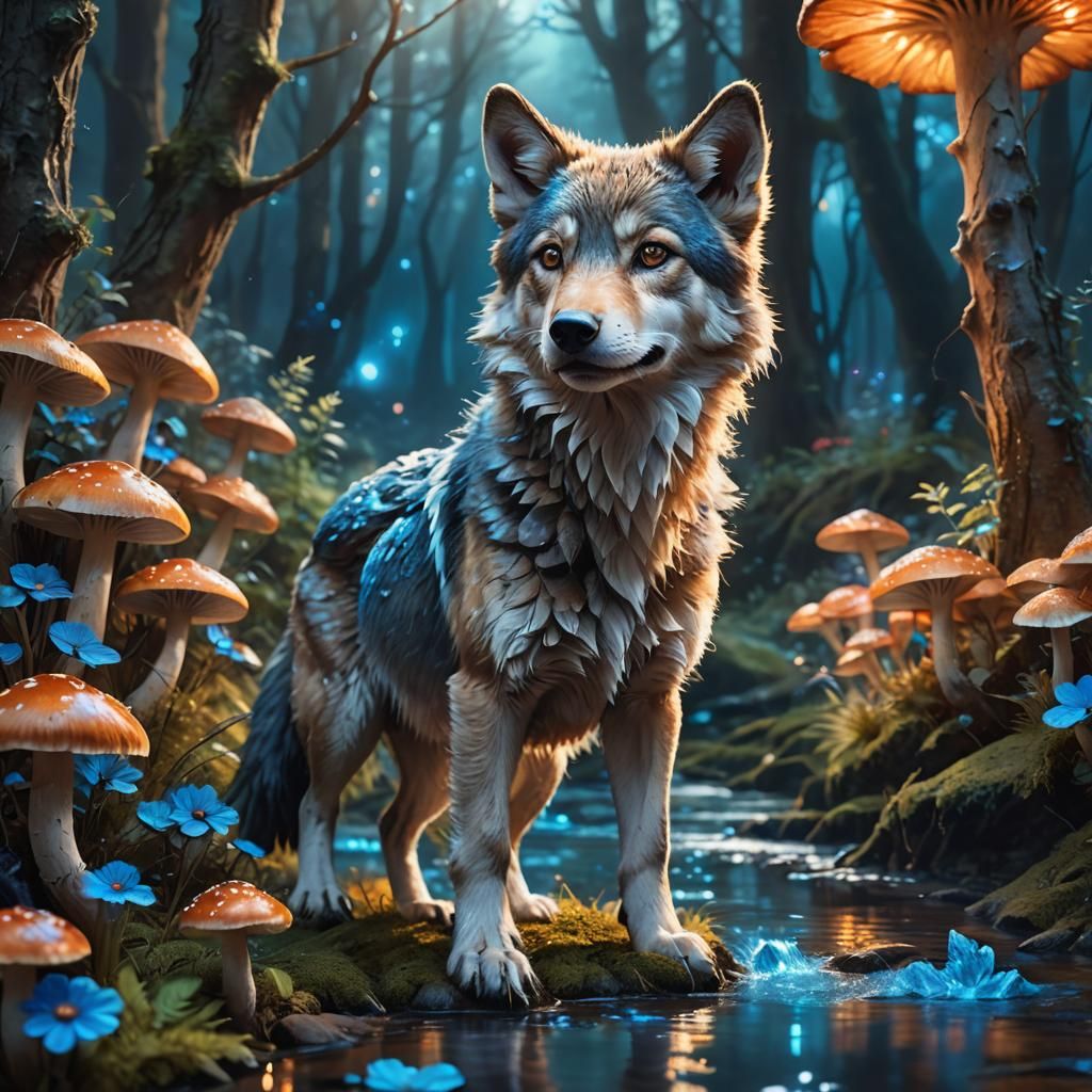 Fuzzy Wolf Pup in Mystical Forest: Digital Matte Painting
