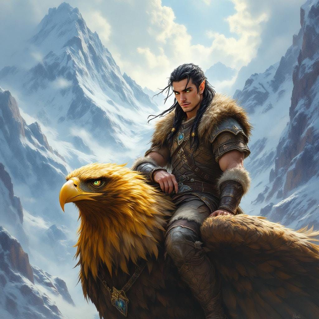 Elven Warrior on Golden Eagle: Oil Realism