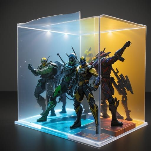 Vibrant Action Figure Boxes in Hyperrealistic Concept Art