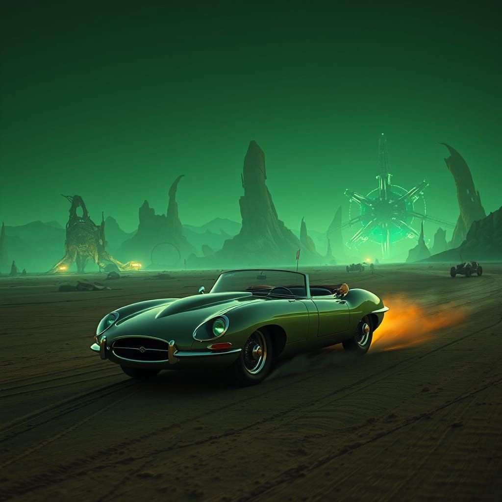 Vintage Jaguar Speeds Across Eerie Green Planet with Alien R...