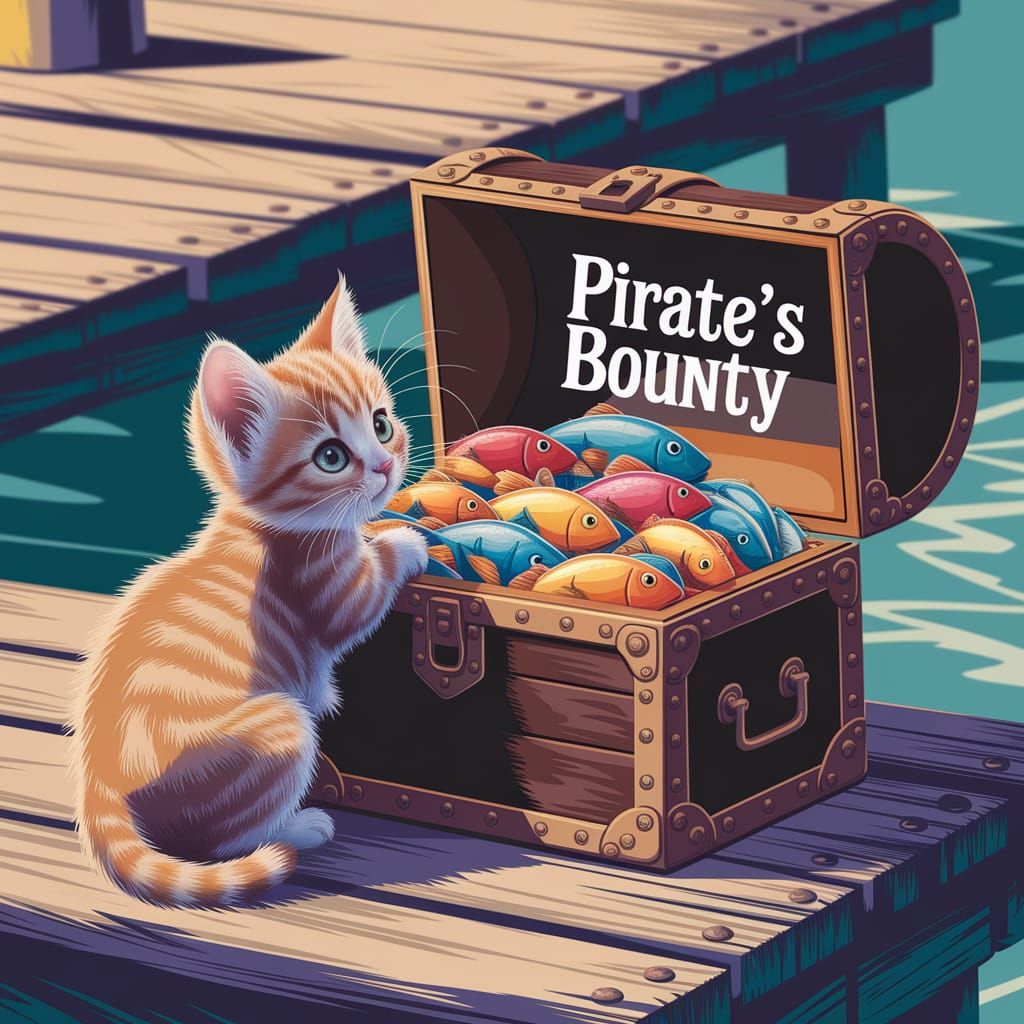 Surprised Kitten Finds Fish Treasure Chest in Digital Art
