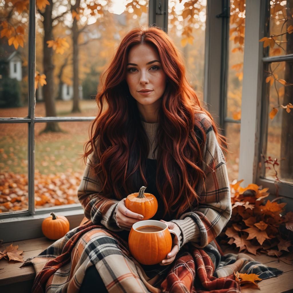 Cozy Autumn Scene with Woman and Pumpkin Spice