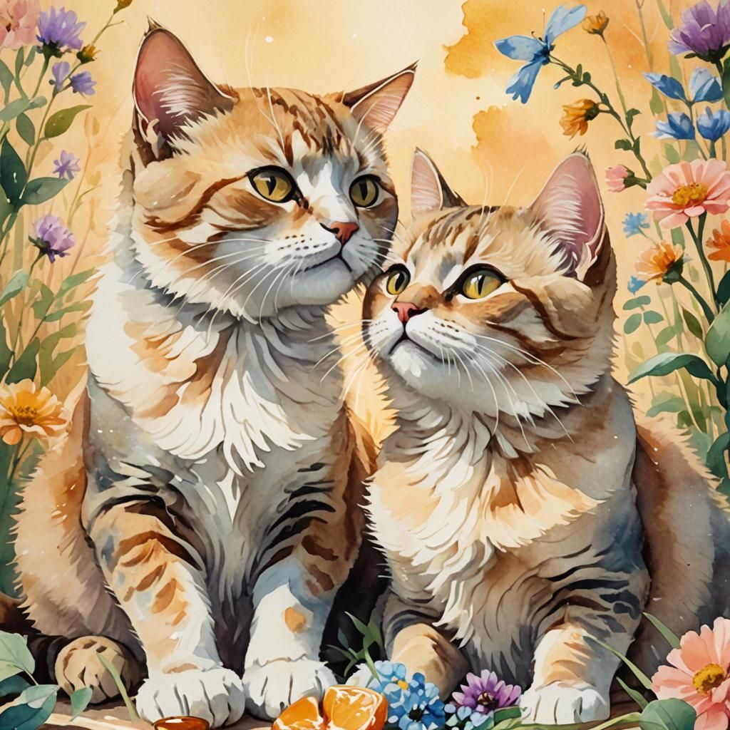 Caring Cats: Watercolor Illustration of Feline Friendship