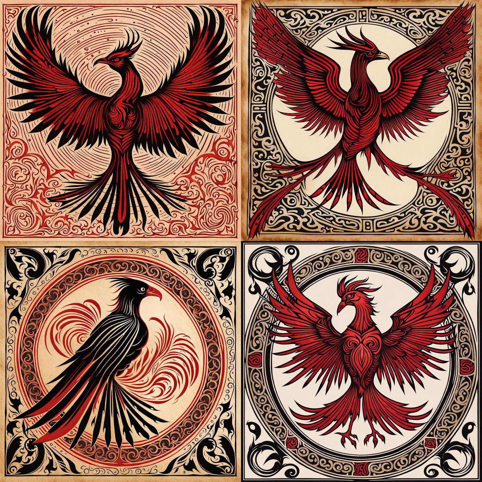 Phoenix Bird in Medieval Woodcut Style