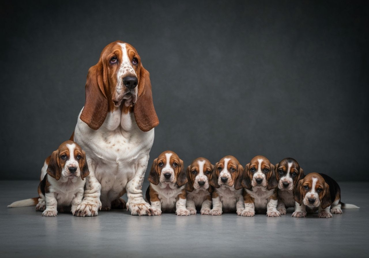 Nostalgic Photo: Basset Hound with Seven Puppies
