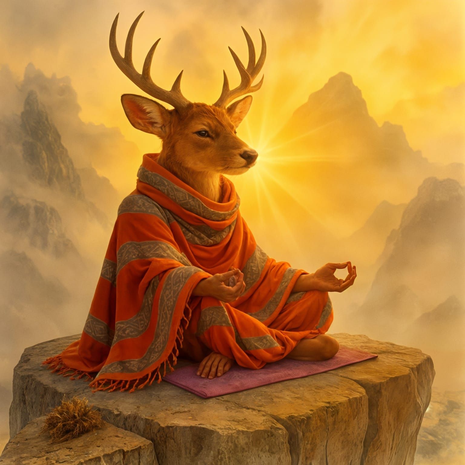Meditating Himalayan Deer in Watercolor Sunset