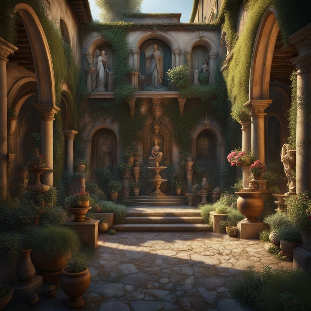 Italian Courtyard Scene with Artists and Sculptures