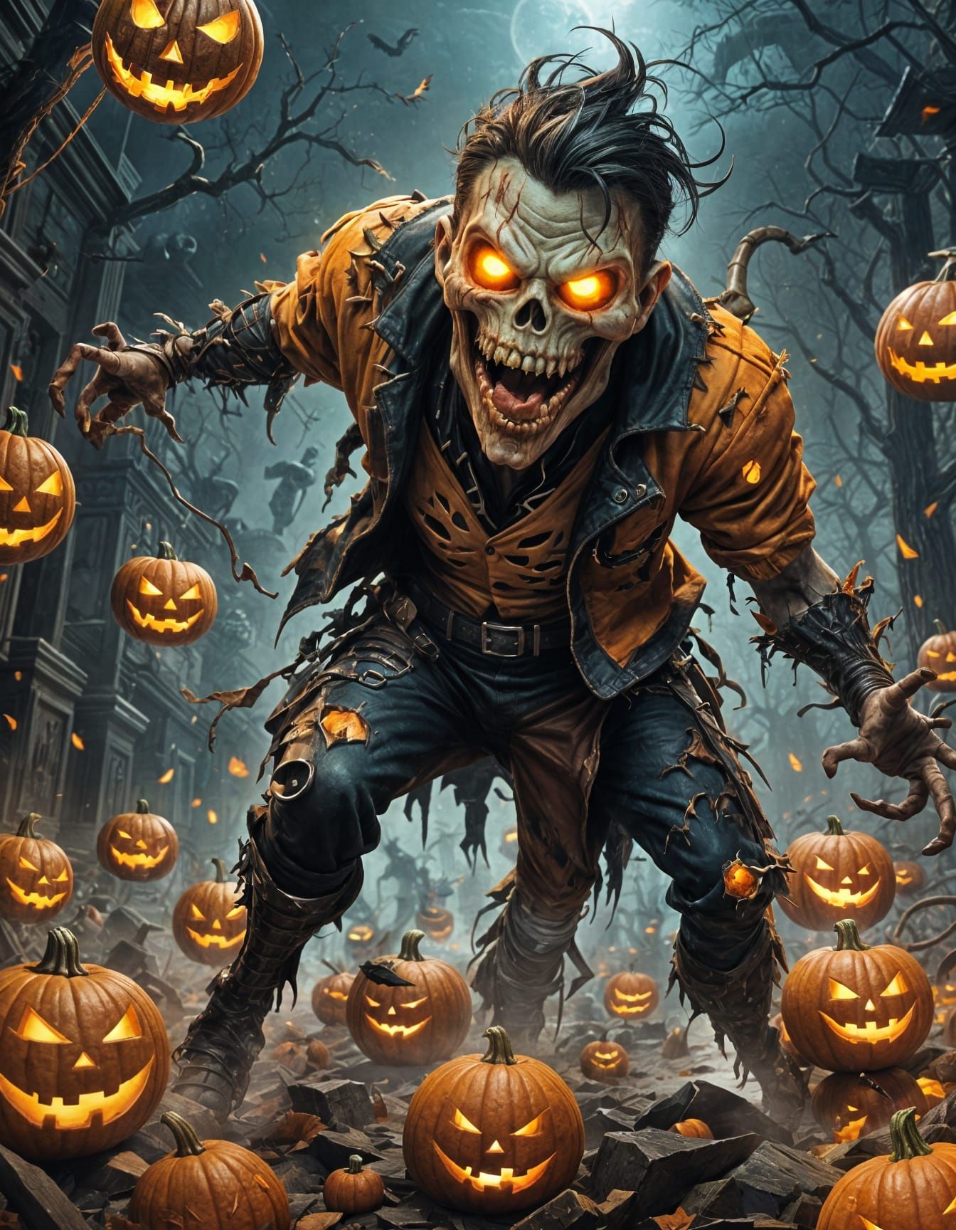 Anthropomorphic Jack-o'-lantern Zombie in Digital Illustrati...