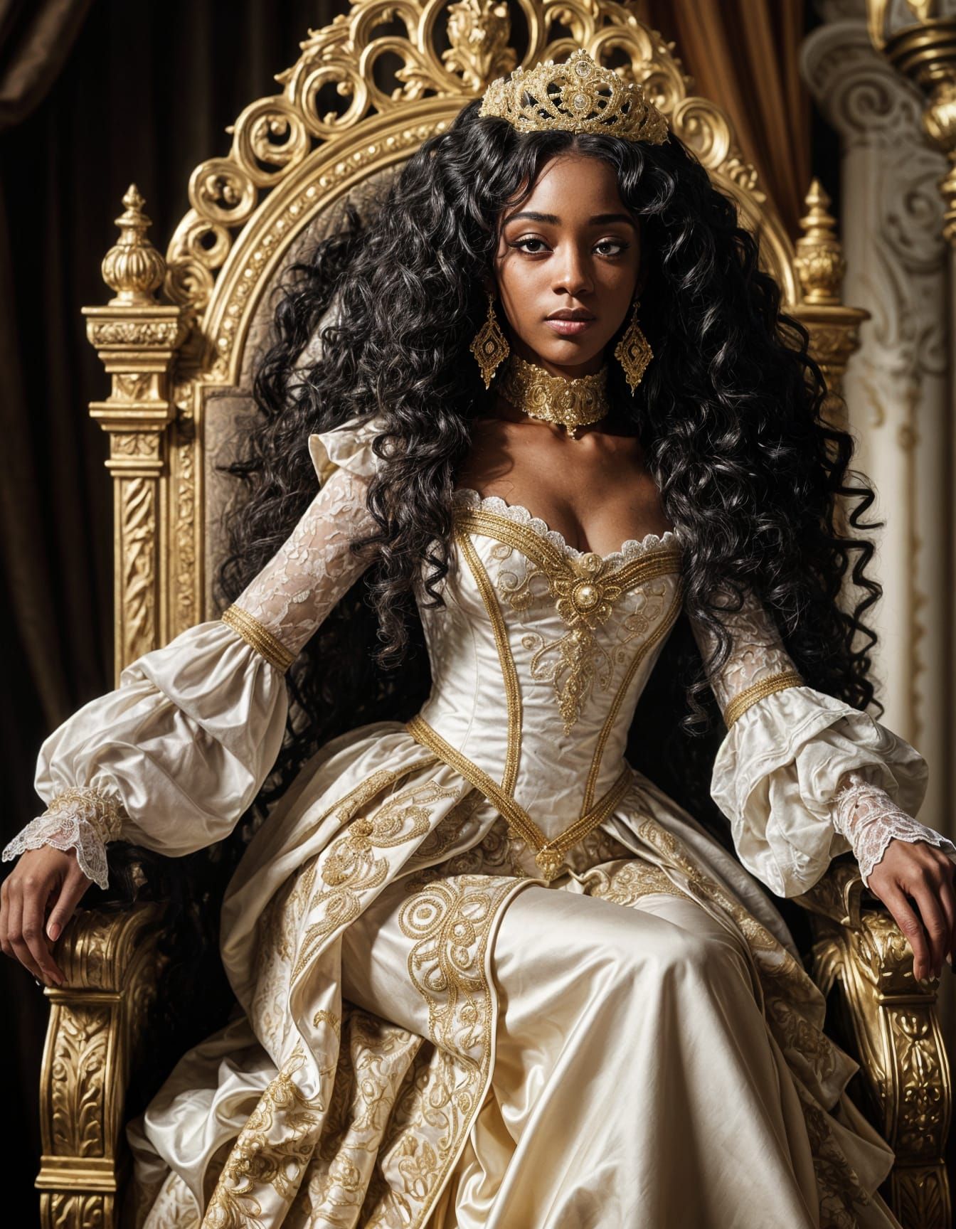 Elegant Black Princess with Golden Dress, Detailed Portrait
