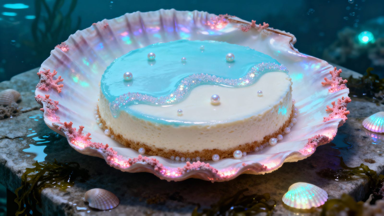 Pearlescent Cheesecake with Coral Crust in Oceanic Fantasy S...
