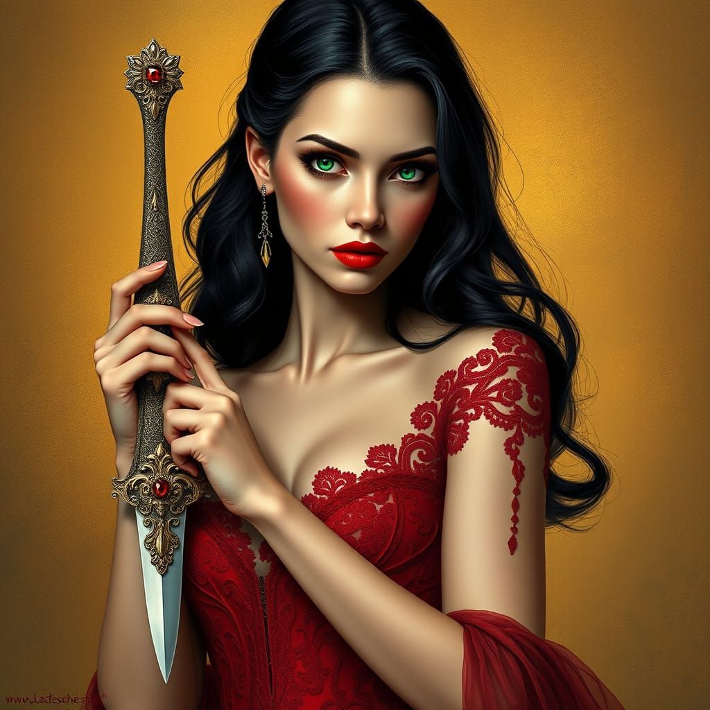 Elegant Woman Holds Ornate Dagger in Golden Baroque-Inspired...
