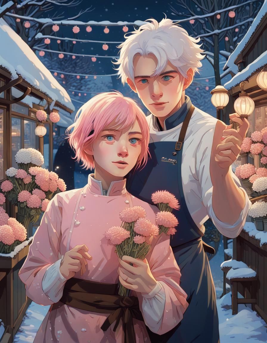 16k resolution, art by Syd Mead, Claude Monet, Hasui Kawase, Gustav Klimt, post-proposal selfie, cosy winter flower shop...