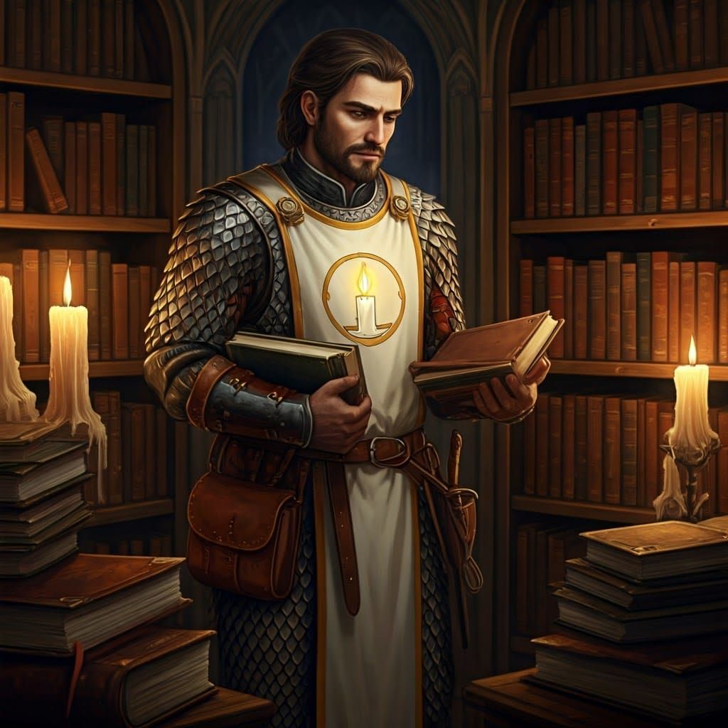 Cleric with medium length brown hair and neatly trimmed bear...