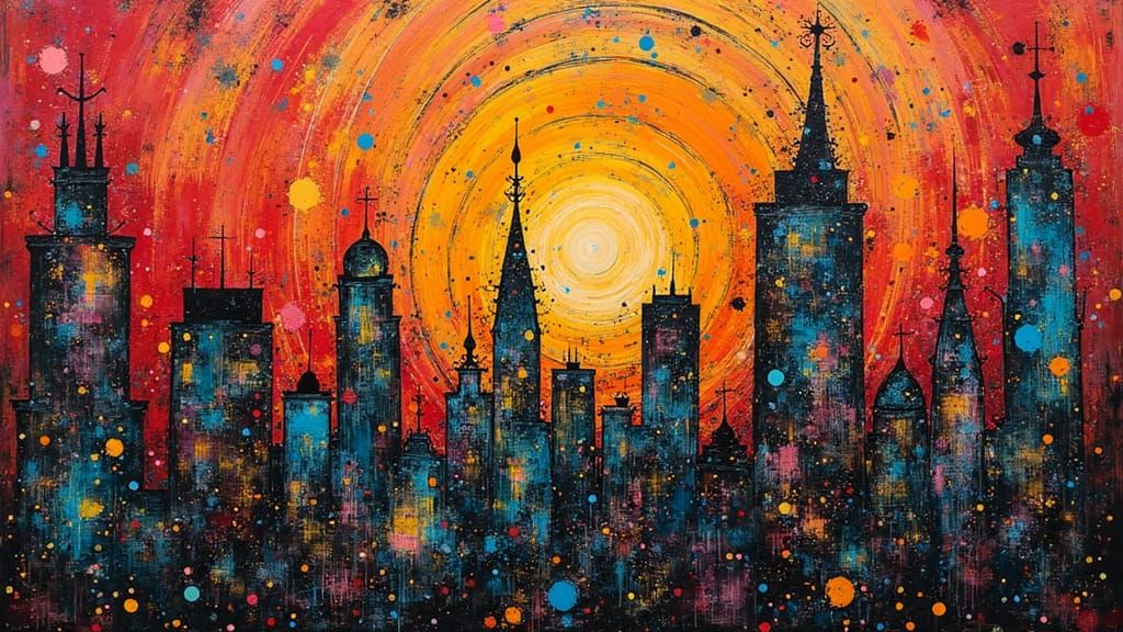 Art Deco Cityscape Digital Platform in Graffiti Art