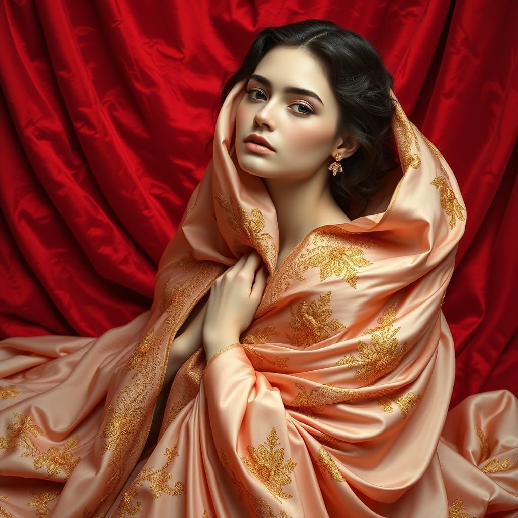 Serenely Adorned Silk Goddess in Velvet Red