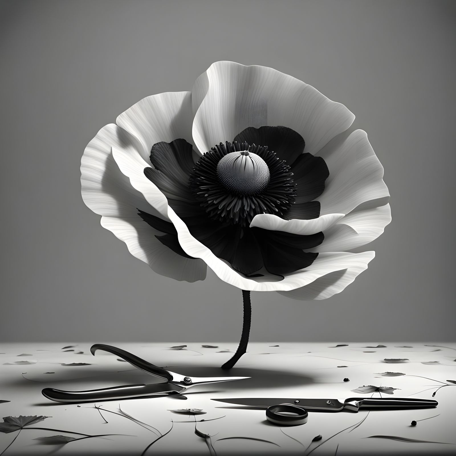 Monochrome Poppy with Scissors: Detailed Matte Painting