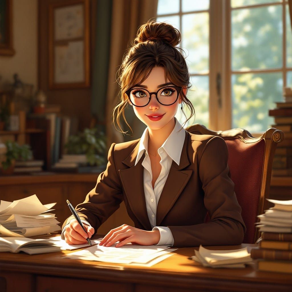 Stylish Young Woman in Whimsical Study Setting