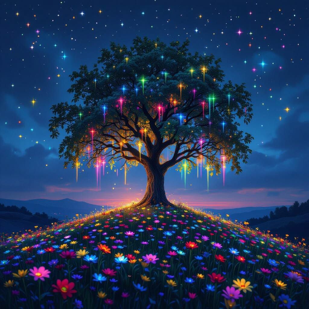 Rainbow Weeping Willow in a Neon Night Garden