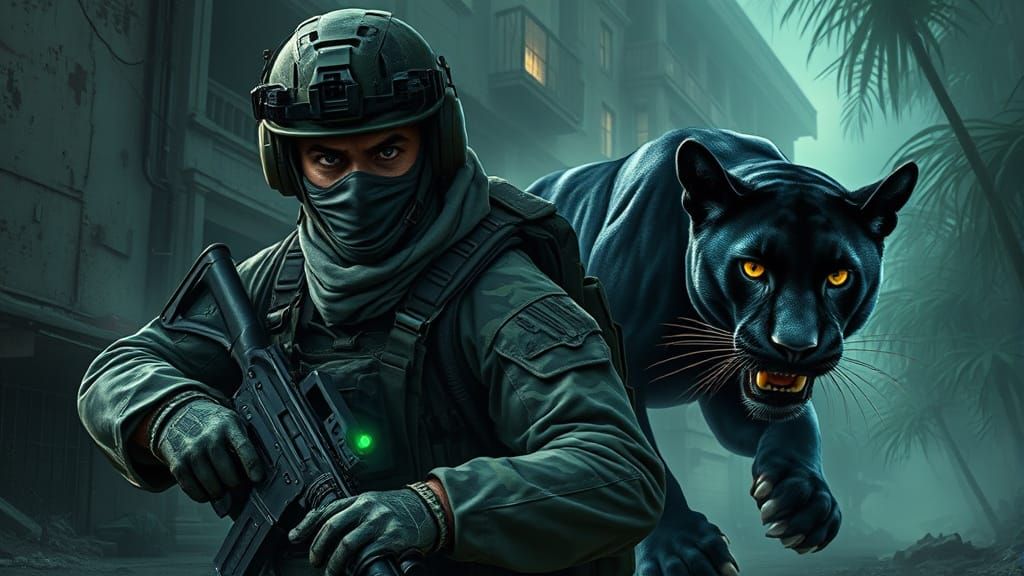 Soldier and Panther in War Zone, Comic Book Art
