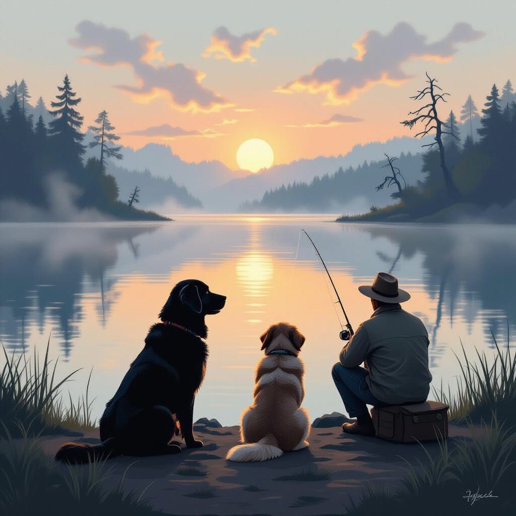 Peaceful Dawn Lake with Dogs and Fisherman