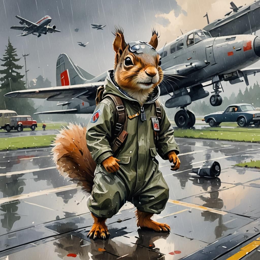 Sobbing Squirrel Kamikaze Pilot in Gouache Style