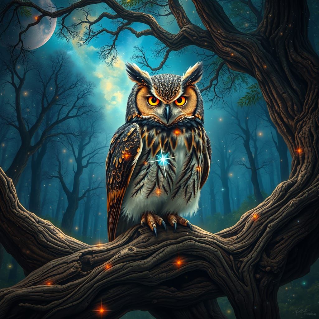 Nebula Owl on Oak in Starlit Forest: Art Nouveau Style