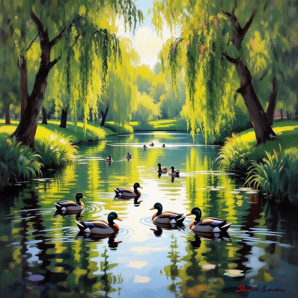 Mallard Ducks on Serene Pond in Impressionistic Park
