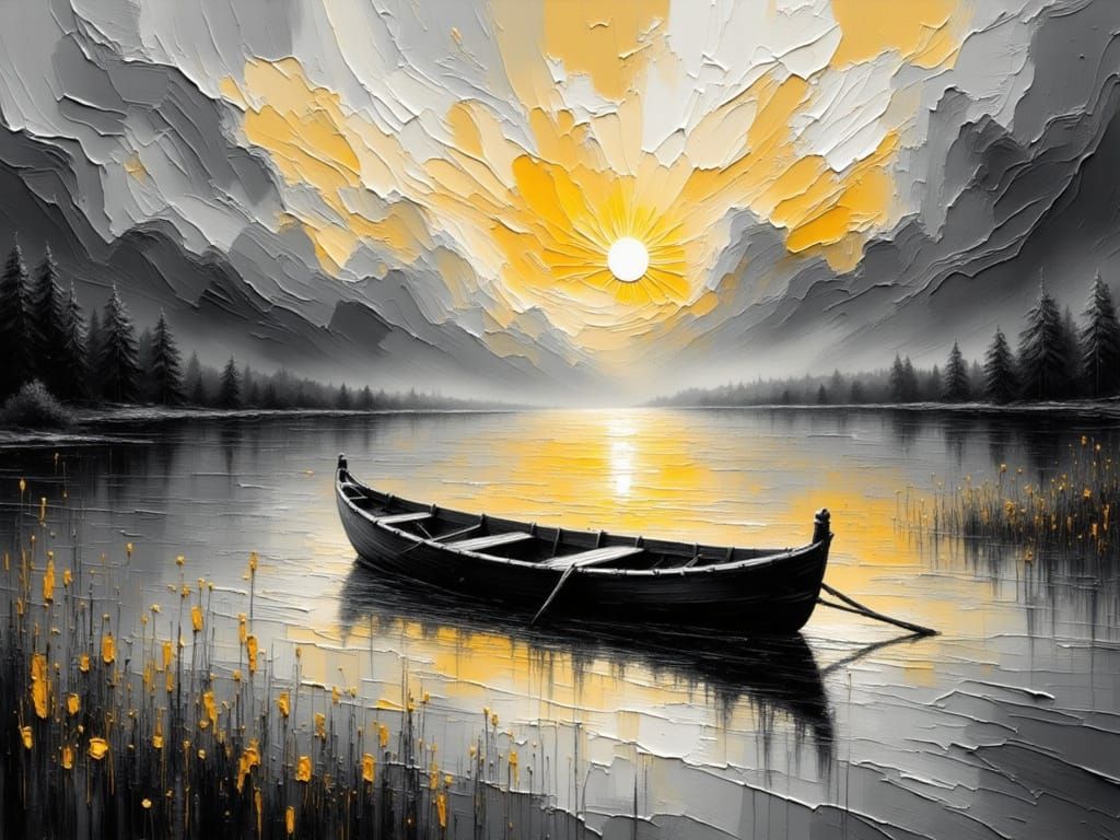 Golden Reflections on Still Water in Impressionist Style