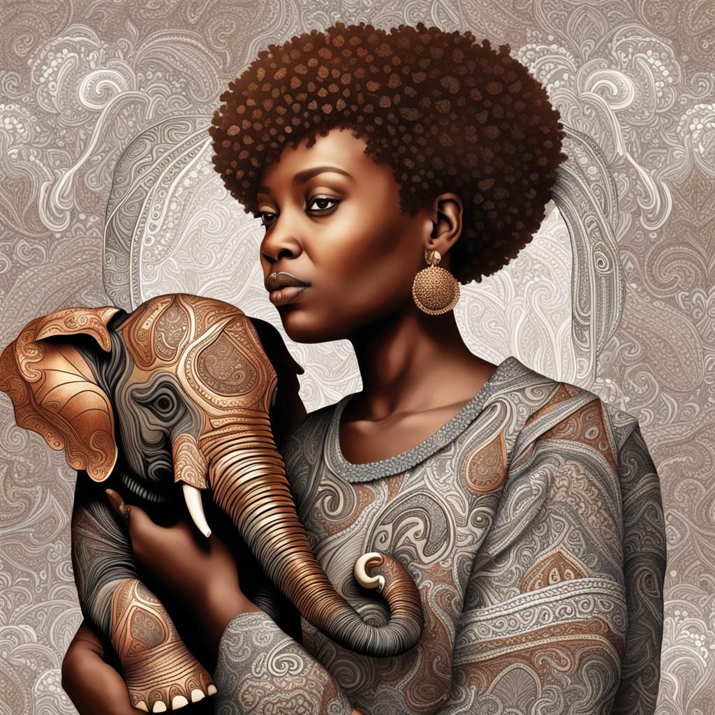 Woman and Elephant with Paisley Patterns