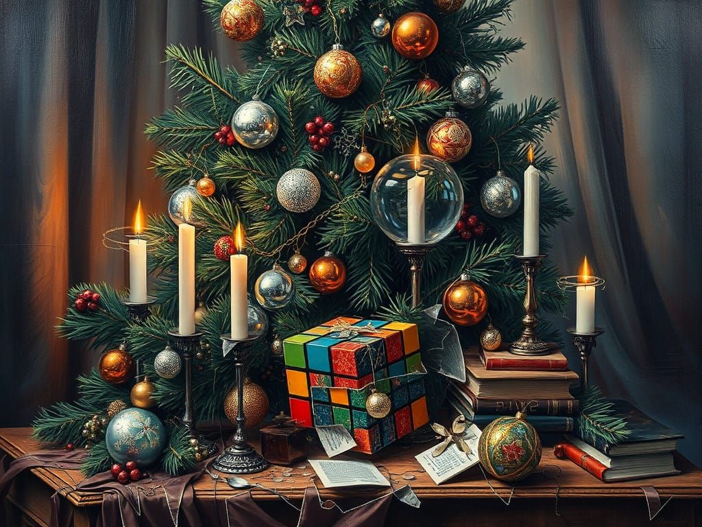 Elegant Oil Painting of a Shattered Christmas Scene with Ret...