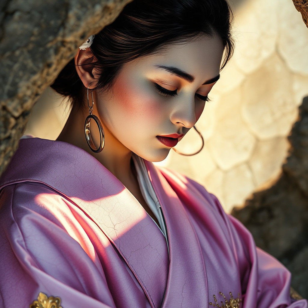 Meditative Woman in Kimono: Waterhouse-Inspired Portrait