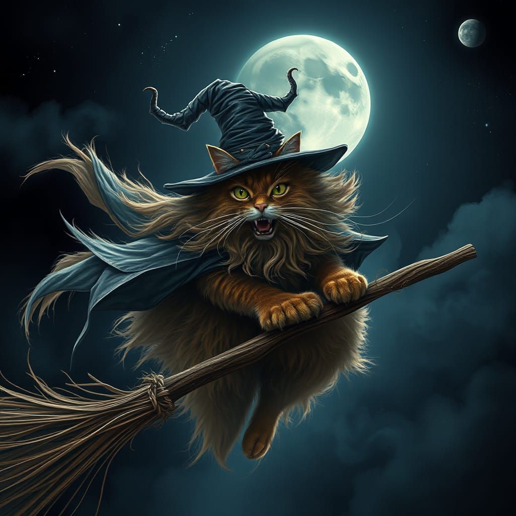 Whiskered Witch Cat Rides Broomstick in Fantasy Art
