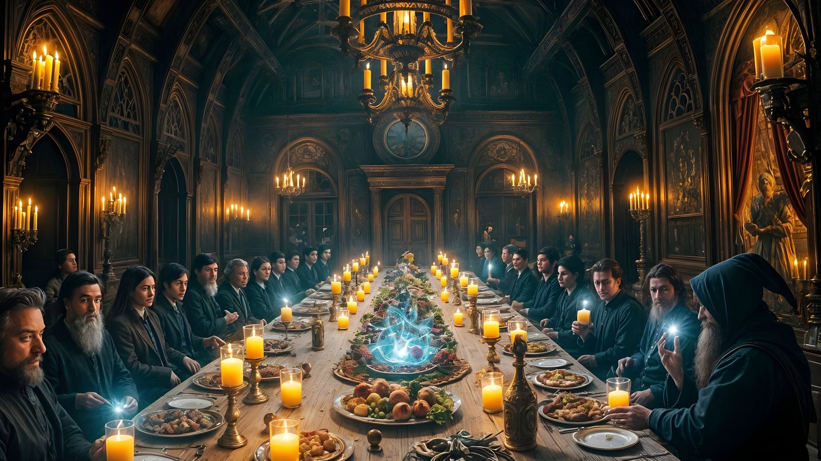 Wizards Feast in Elegant Hall with Magical Energy
