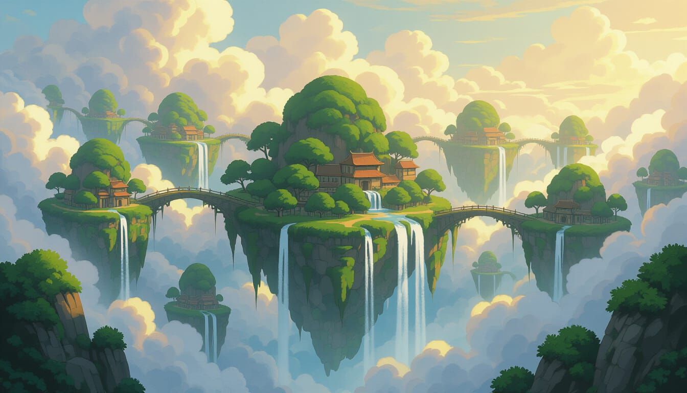 Floating Islands with Waterfalls in Golden Hour Light