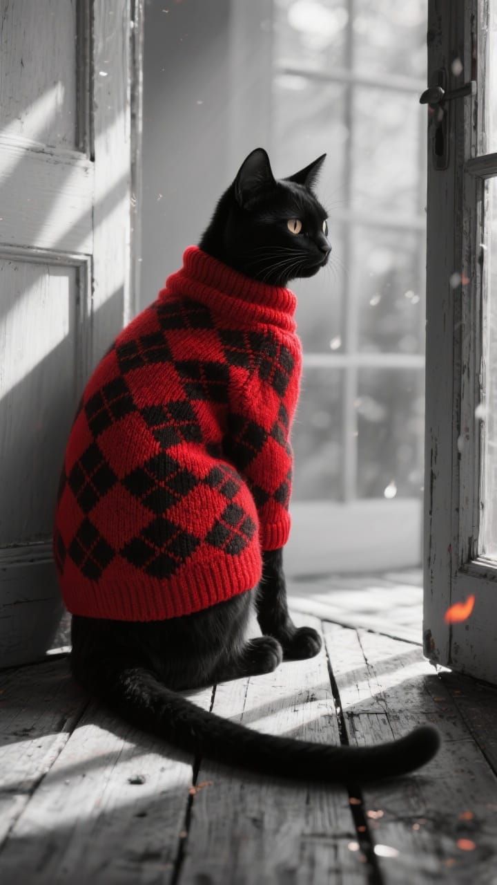 Hyperrealistic Black Cat in Crimson Sweater