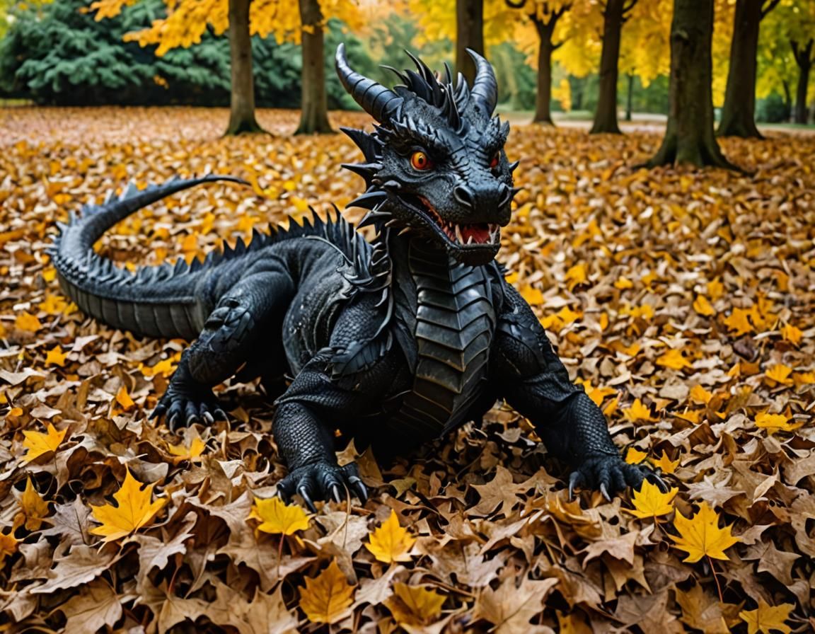 Playful Black Dragon in Autumn Leaves