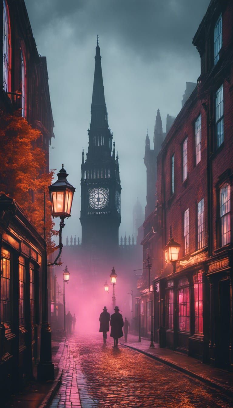 Synthwave Cityscape: Old England in Autumn Snow