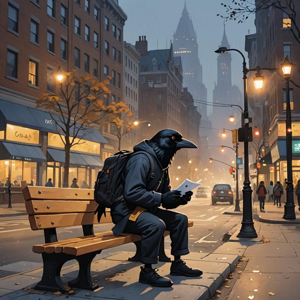 Cartoon Crow on City Bench in Foggy Evening
