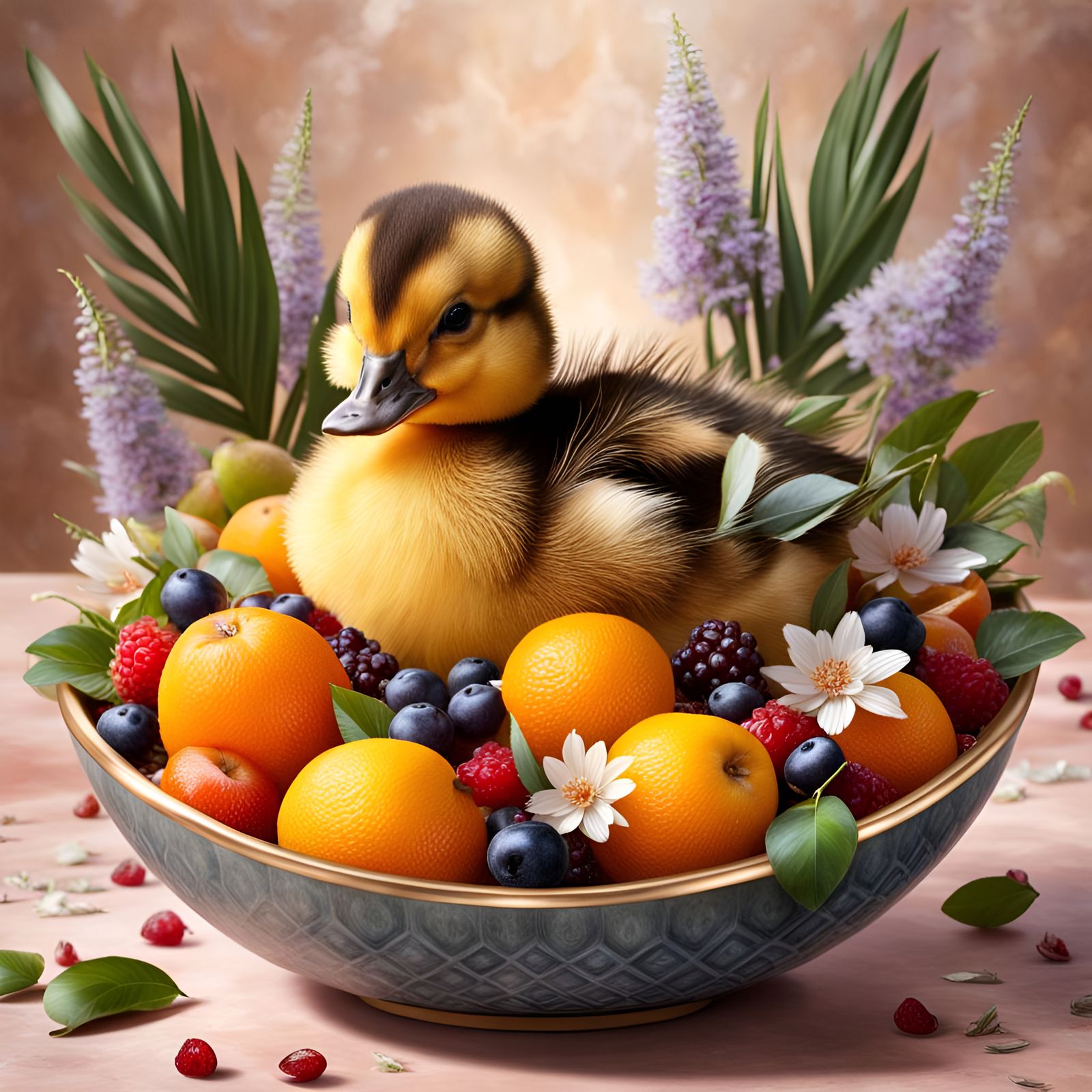 Duckling in a Bowl of Fruit and Flowers
