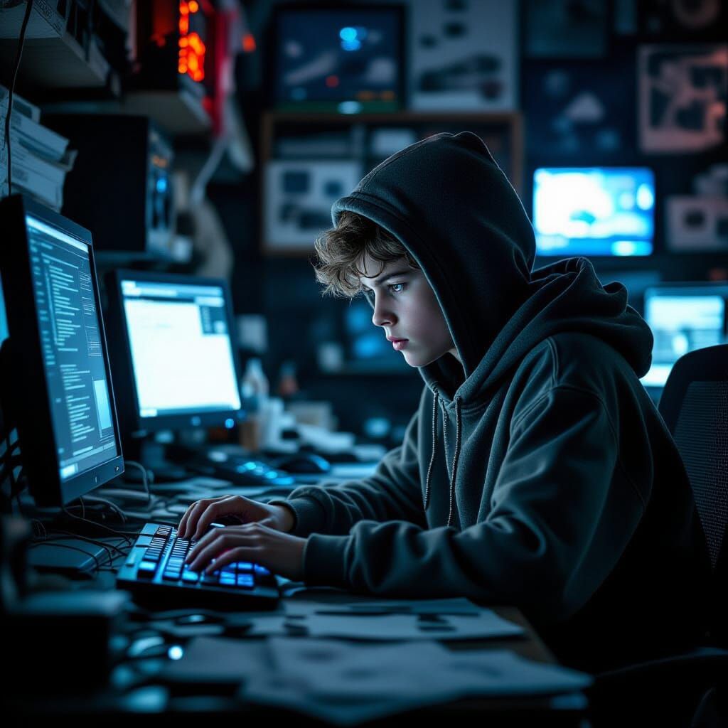 Teen Hacker in Dark Room, Cinematic Film Still