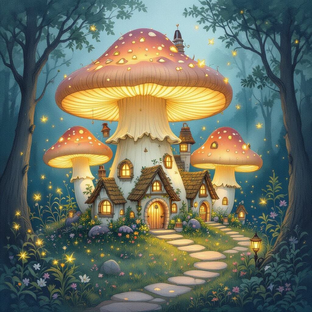 Enchanted Fairy Village in Glowing Mushroom Forest